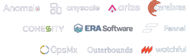 icons of companies listed as the following: anomalo, anyscale, arize, cerebras, cohesity, era software, fennel, OpsMx, outerbounds, watchful