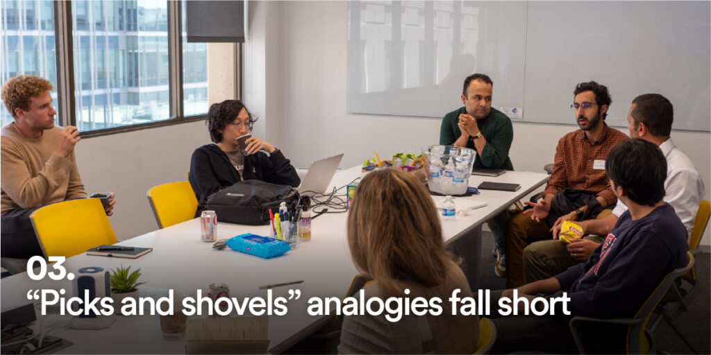 People at Generative AI Unconference with the text "picks and shovels analogies fall short"