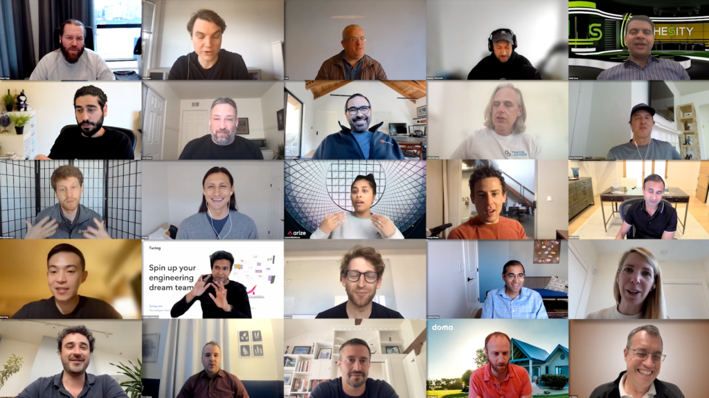 grid/collage of people working collaboratively over a zoom call