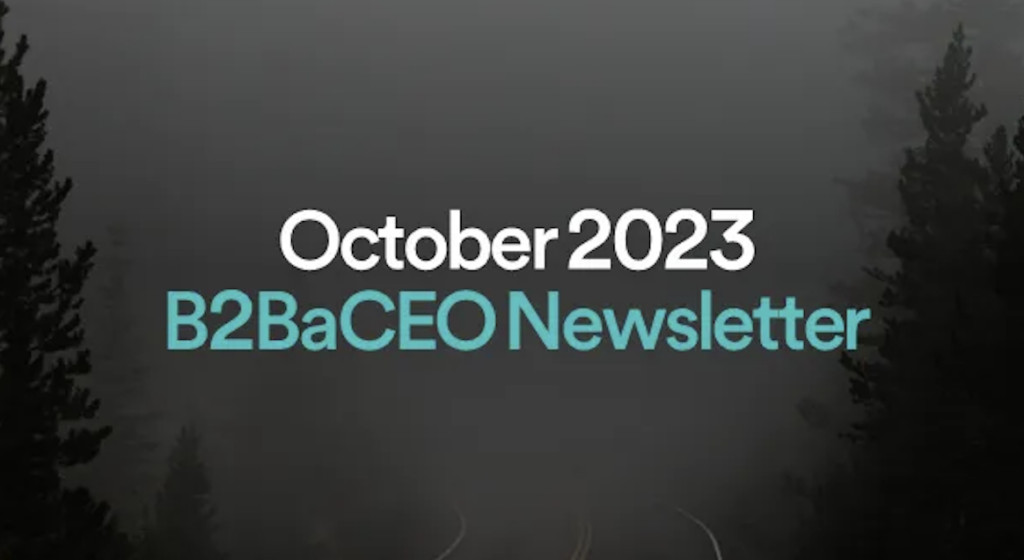 October 2023 B2BaCEO Newsletter banner. Foggy image of pine trees in the background.